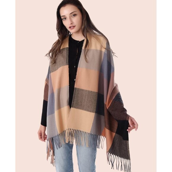 Women Brown Plaid Winter Warm Shawl Wraps Tartan Blanket Oversized Scarves - Picture 2 of 6